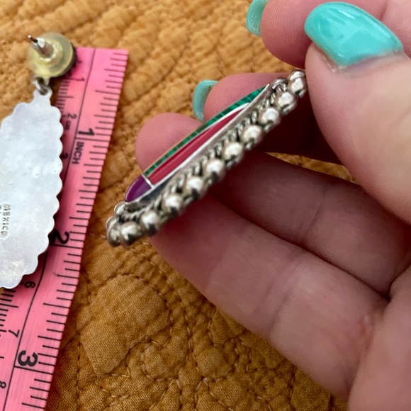 Vtg Taxco Multicolor Inlay Drop Earrings Sterling Silver Southwest Frida Kahlo - Picture 6 of 9